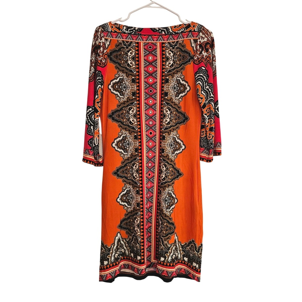 ECI‎ New York Orange Geometric Print 3/4 Sleeve Sheath Dress Women Size 4